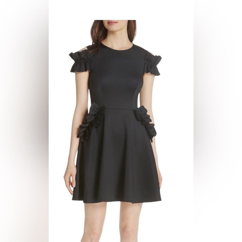TED BAKER DENEESE RUFFAL TRIM COLD SHOULDER FIT FLARE SKATER DRESS Size 5. H42